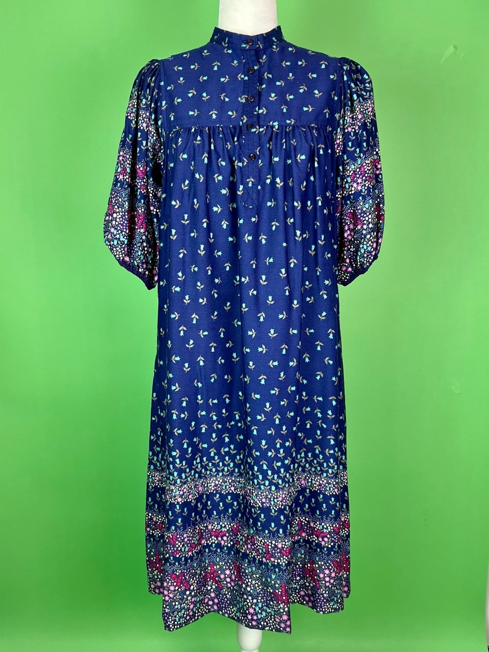 Vintage 70s Blue Ditsy Floral Print Peasant Prairie Smock Dress - Size Large